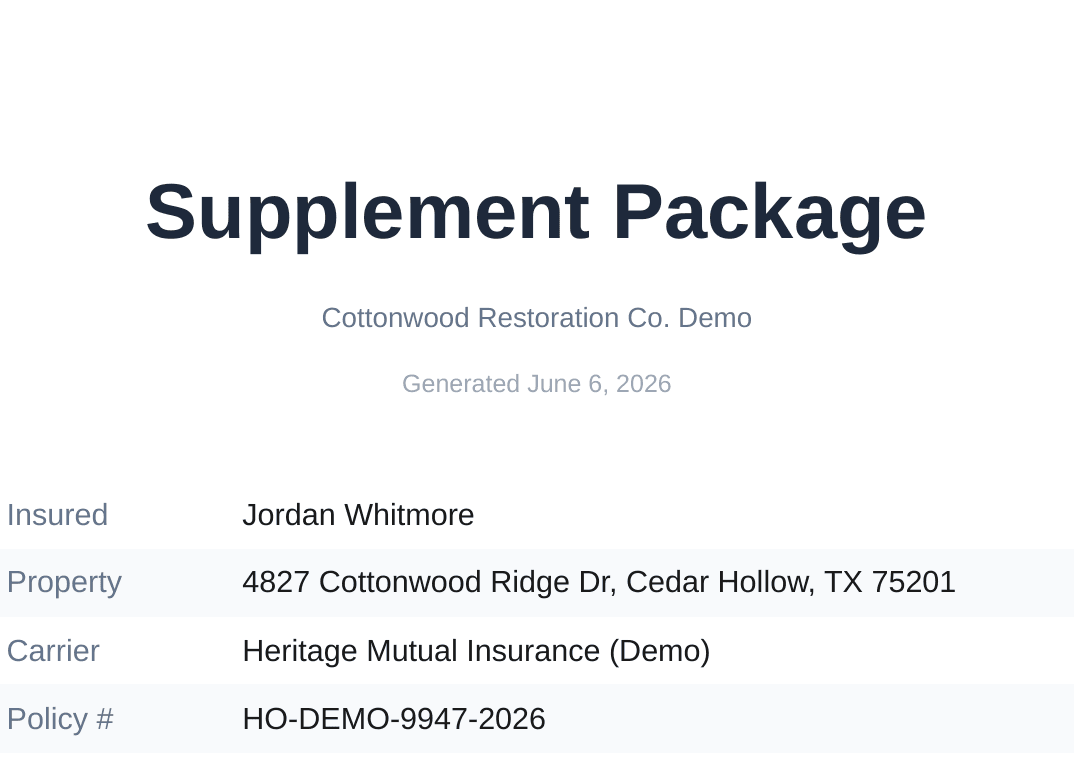Rendered ClaimOps supplement package PDF cover page with Supplement Package heading, contractor name, insured details, property address, and carrier information. Seeded demo data.