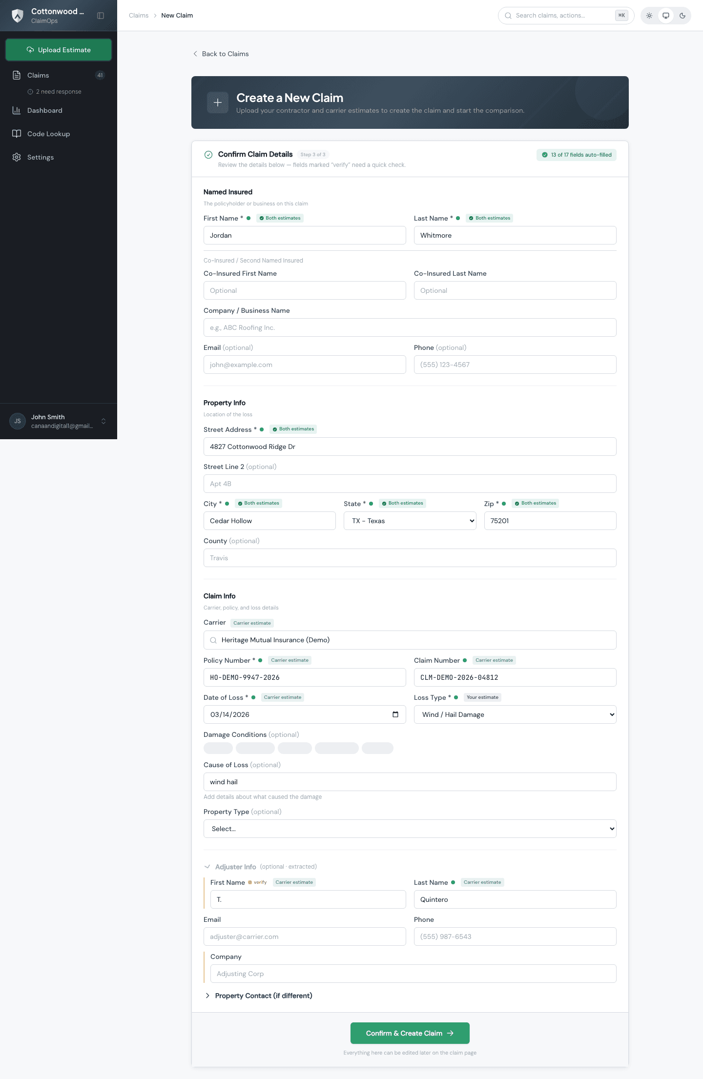 The new claim form in ClaimOps — claim number, address, and carrier fields