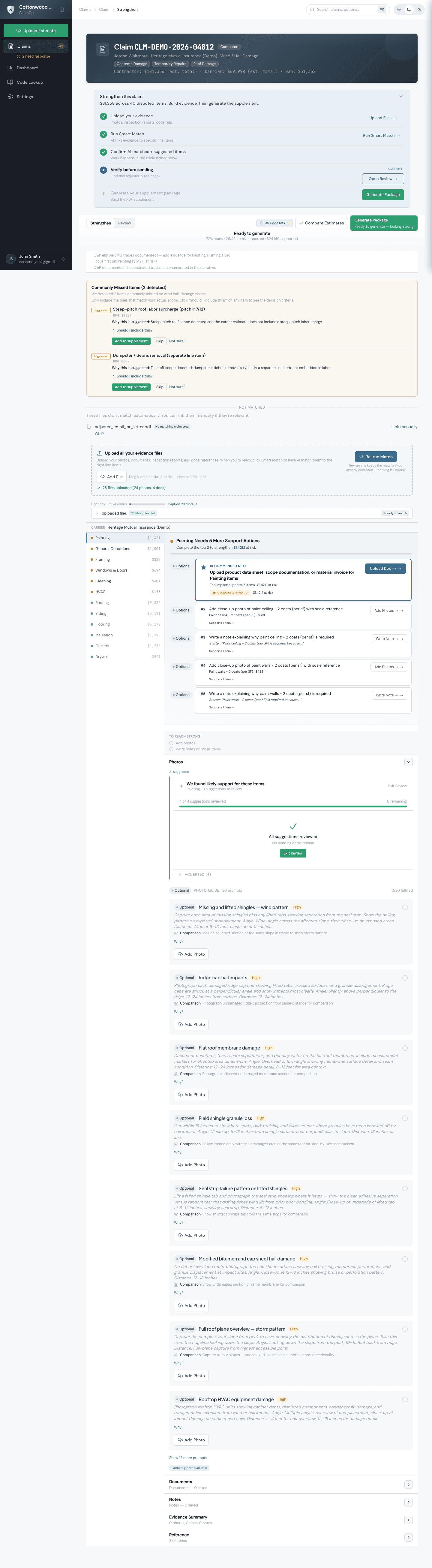 ClaimOps Strengthen tab showing flagged line items with evidence attachment panel open