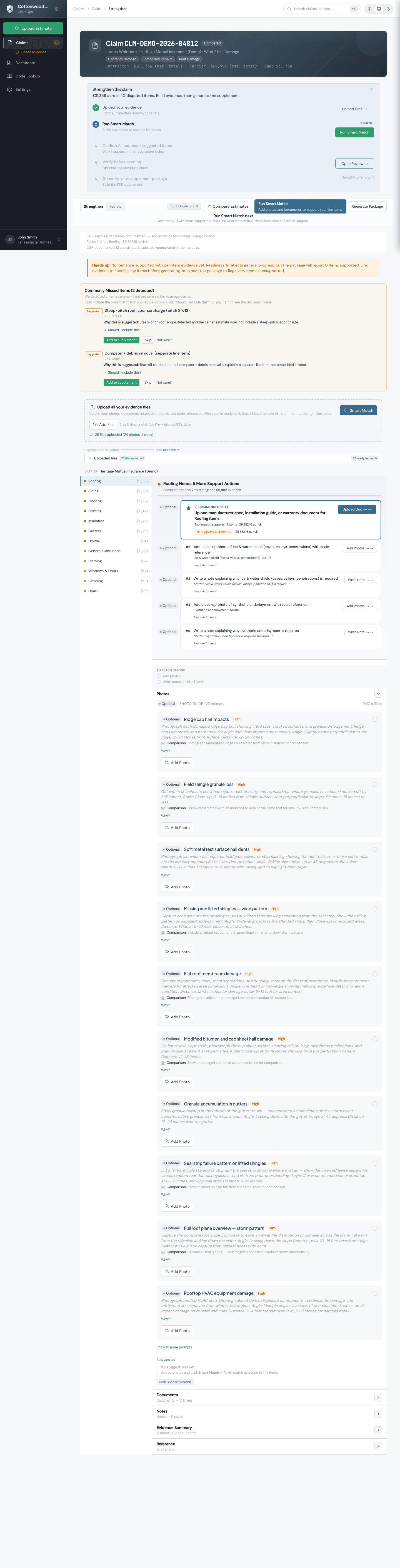 ClaimOps Smart Match review panel showing strong match and category-only suggestions