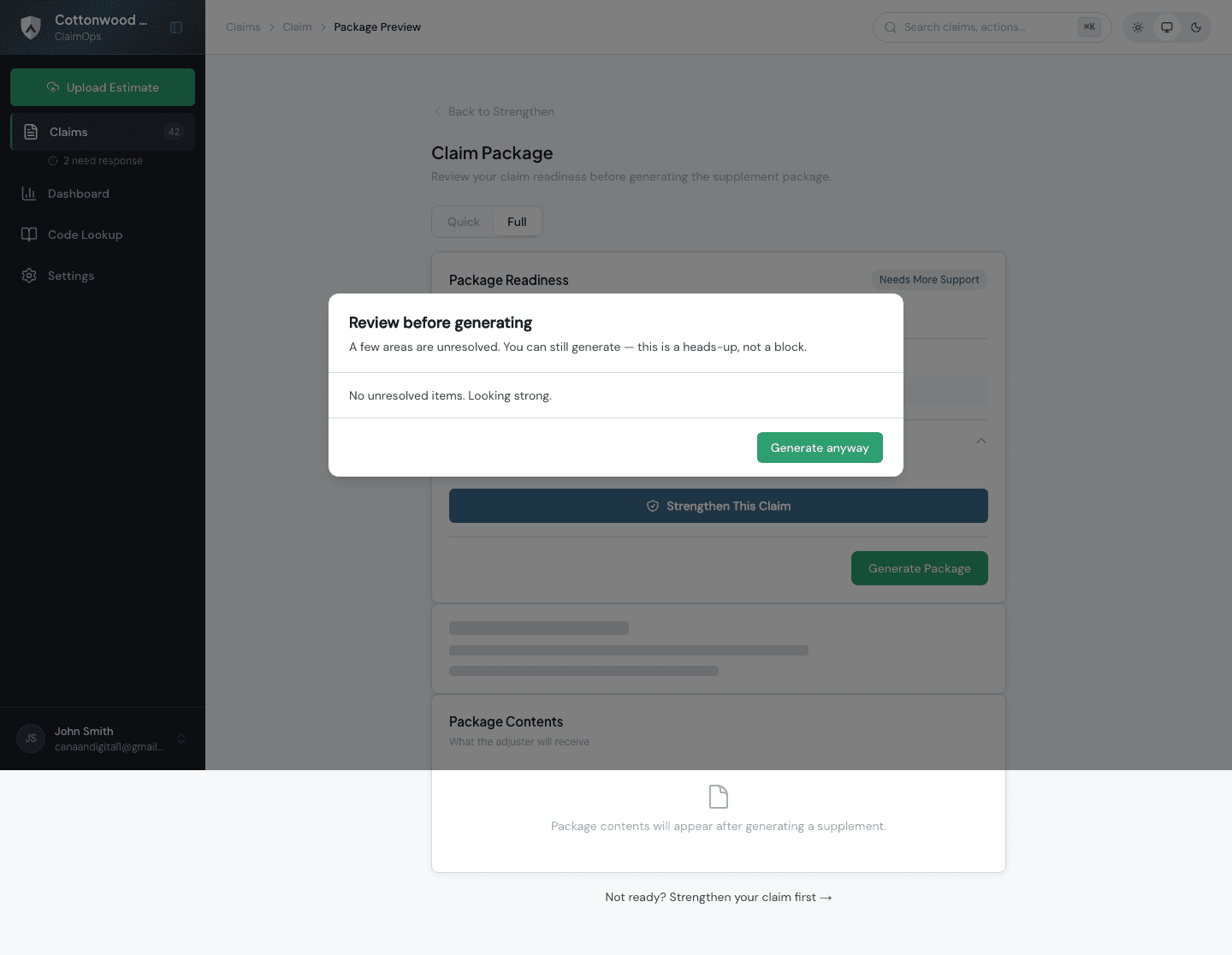 ClaimOps pre-send modal showing the supplement package ready to send to the carrier