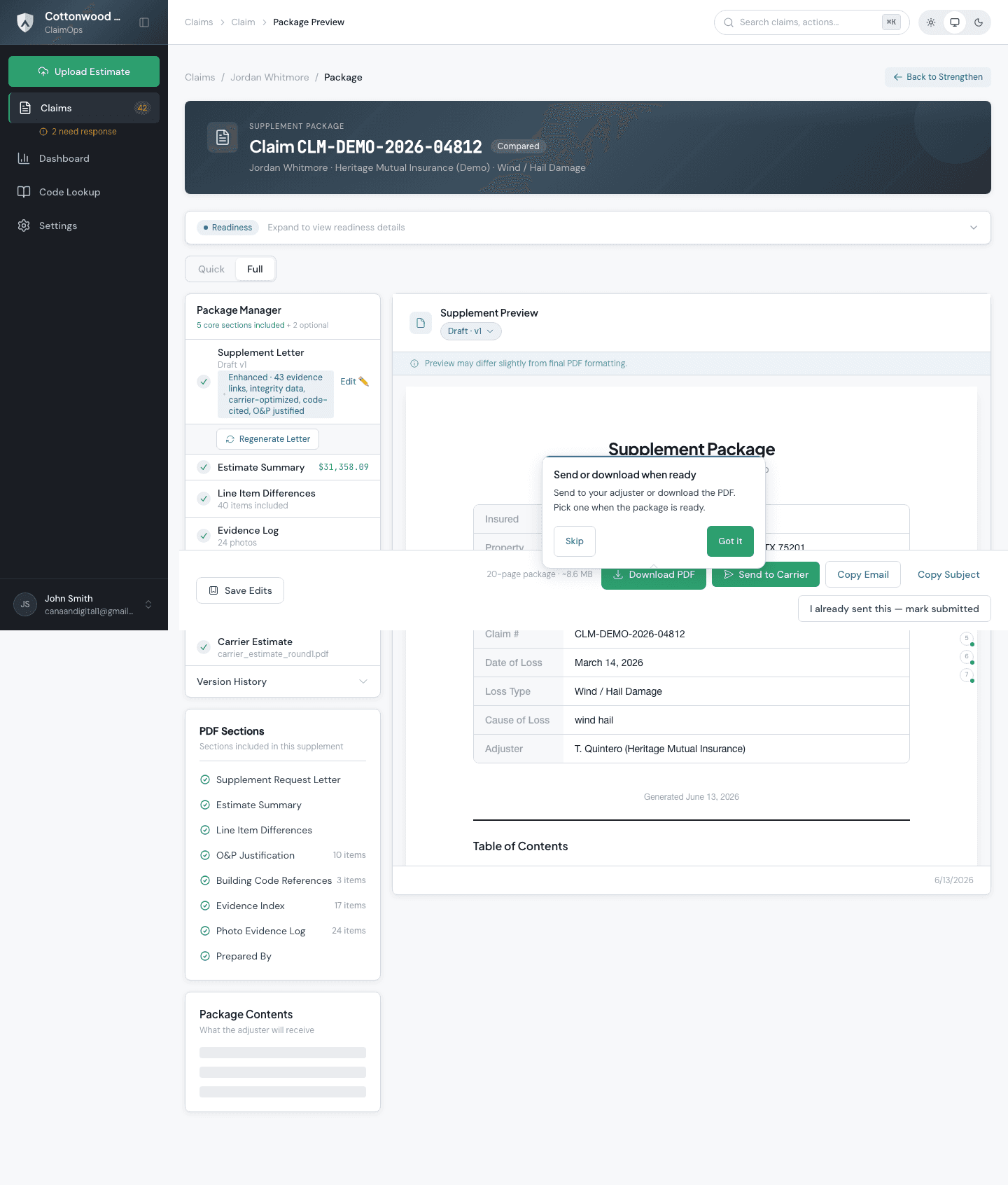 ClaimOps generated supplement package PDF preview showing cover letter and line-item backup